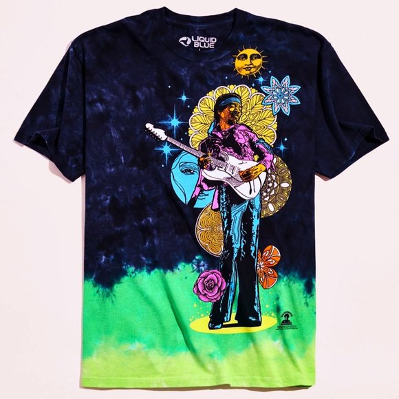 Urban Outfitters Liquid Blue Jimi Hendrix Bright Tie Dye T-Shirt - Picture 1 of 8